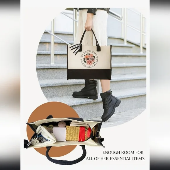 New! Canvas tote large bag with scripture religious Christian flower white black - Picture 4 of 7